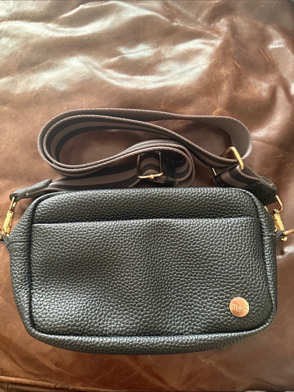Pebbled Crossbody Camera Bag in Black with Gold-Tone Accent